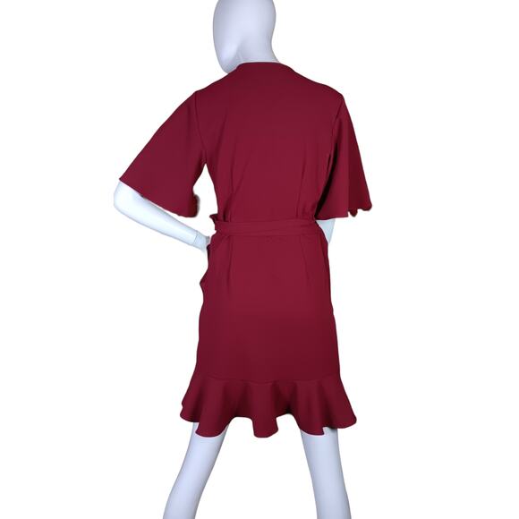 Stylestalker Overlap Dress Size Medium Burgundy Bell Sleeves V Neck Flared Trim - Picture 3 of 10